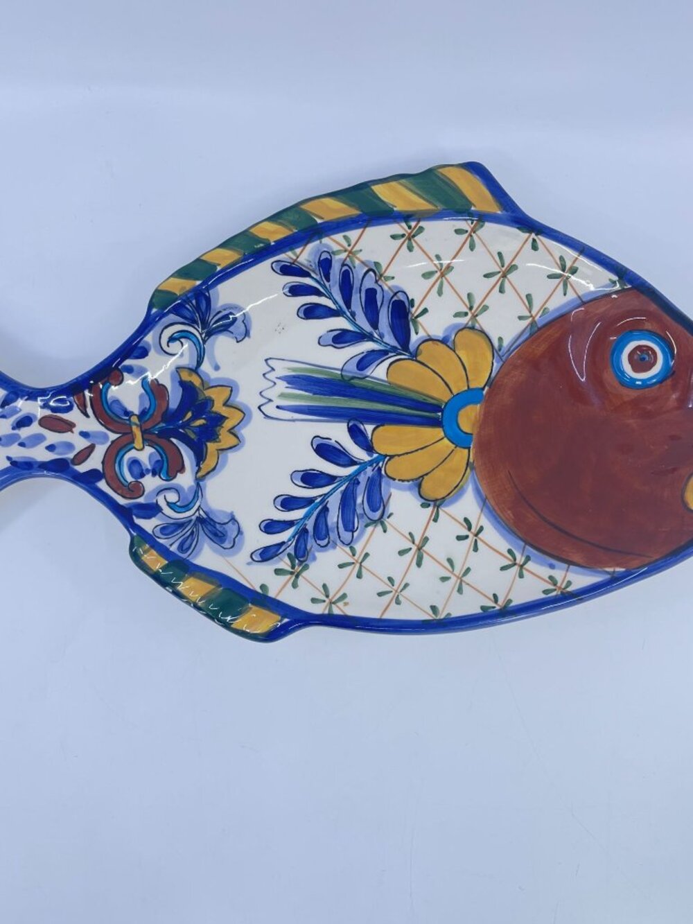 vintage hand painted terra bella fish shaped ceramic platter floral design